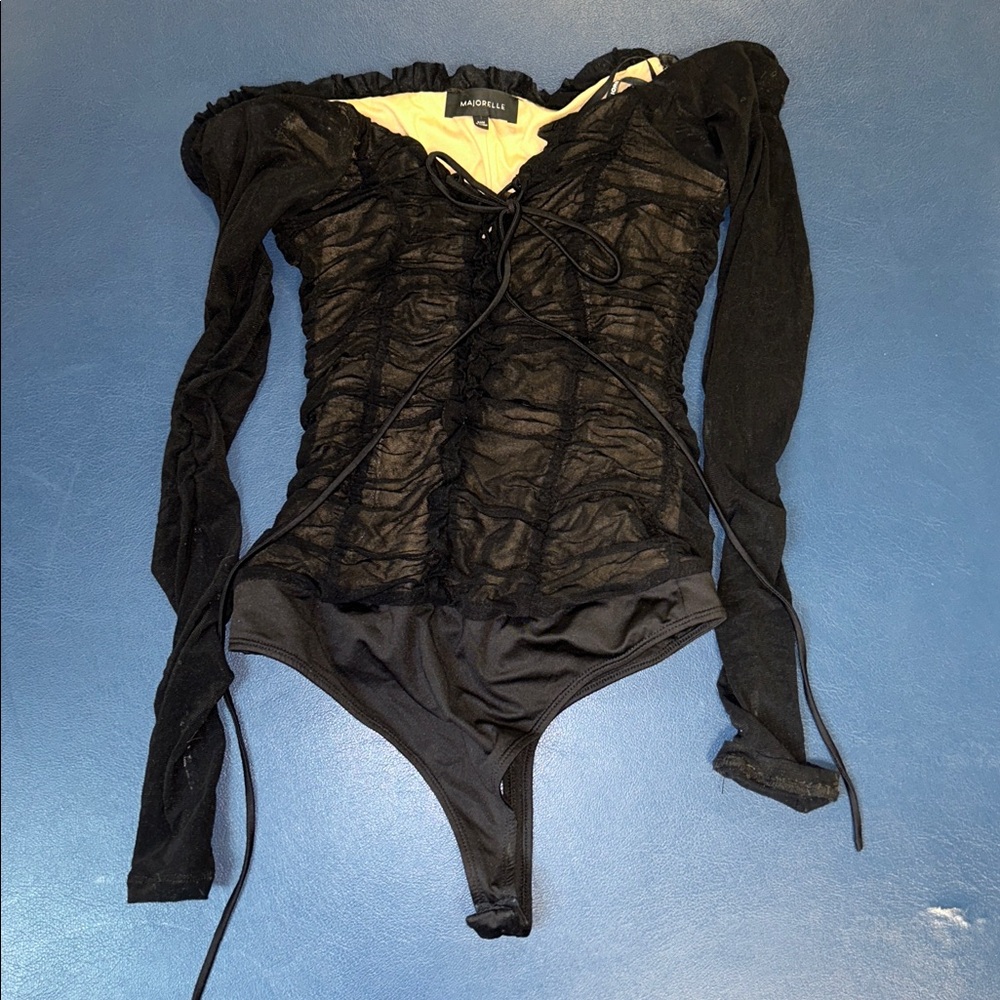 MAJORELLE sz S Black mesh Tan Lined snap thong sexy bodysuit lace up & Tie front - Picture 5 of 6